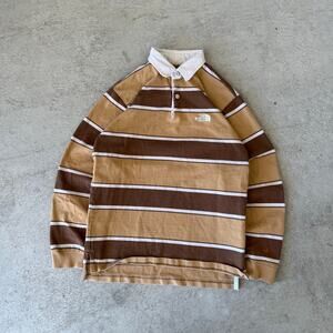 Y2K Mens Northface Brown Striped Rugby Polo M